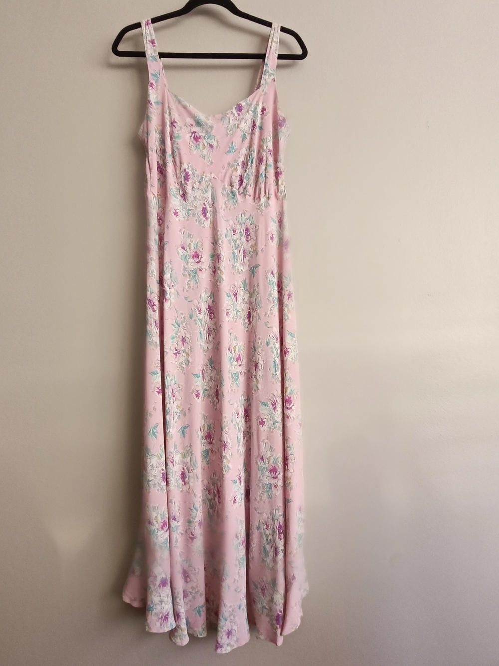 Veronique Manga-Bell Pink Floral Bias Cut Maxi Dress - Size L Vintage Glam